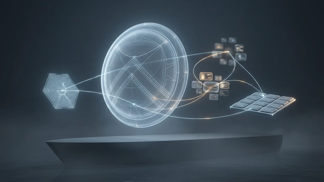 AI-generated image: A round shield drawn in lines of light, linked by thin glowing lines to a hexagonal panel, a cluster of small screens and a grid of square cells, above a plain grey hull in the mist.. Not real equipment