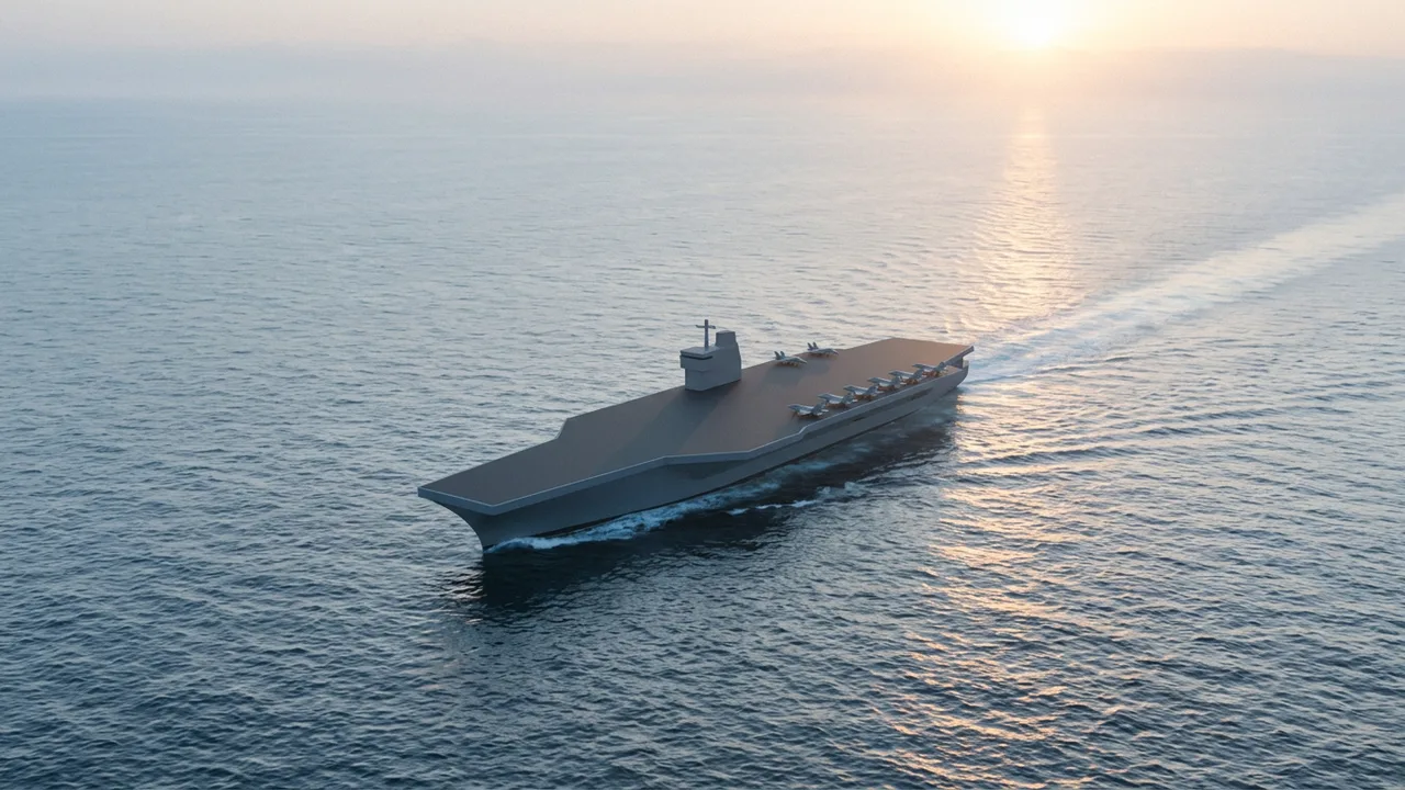 AI-generated image: A simplified aircraft carrier shape sailing on open sea in early morning, with a small tower on one side of its long flat deck and small aircraft shapes lined up along the edge.. Not real equipment