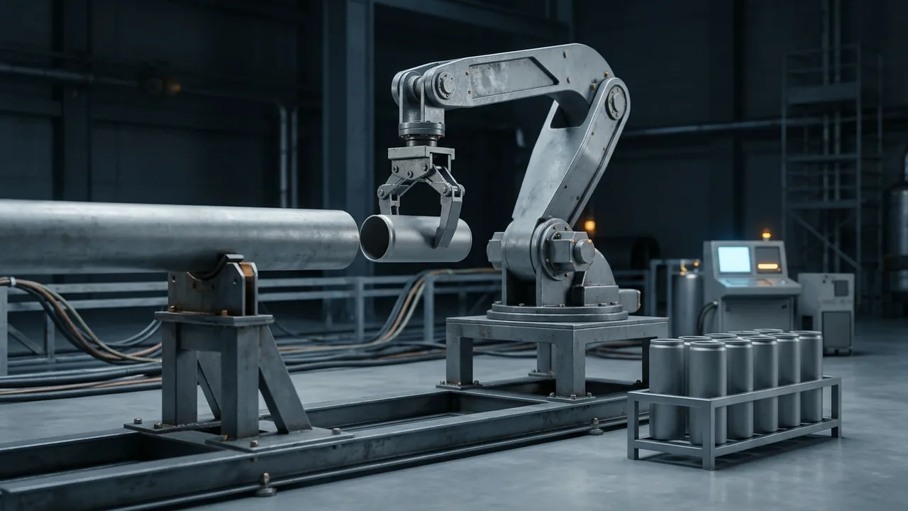 AI-generated image: In a dim test hall, a robotic arm guides a plain cylinder toward the open end of a thick steel tube, with a row of identical cylinders in a rack beside it.. Not real equipment