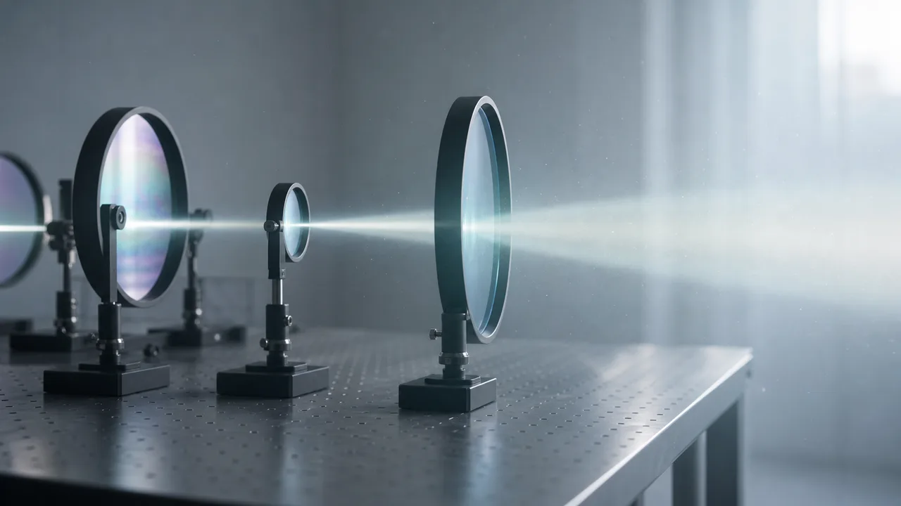 AI-generated image: on an optical table in a bright lab, a thin beam passes a small lens, spreads, and leaves through a much larger lens as a wide column of light into empty space, beside large round mirrors whose coatings show a faint rainbow sheen. Not real equipment