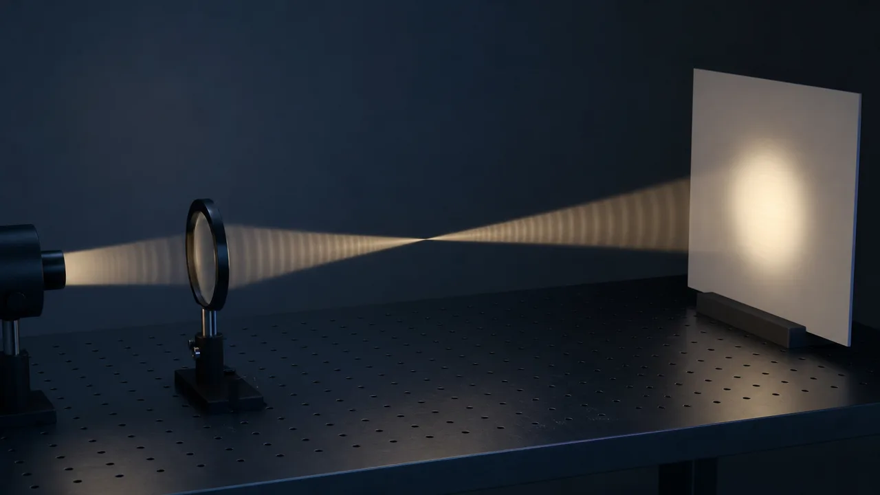AI-generated image: on a dark optical table, a beam from a source on the left passes a lens, narrows to one point and spreads again, with faint ripple-like bands inside it and a soft round spot on a white screen at the right. Not real equipment