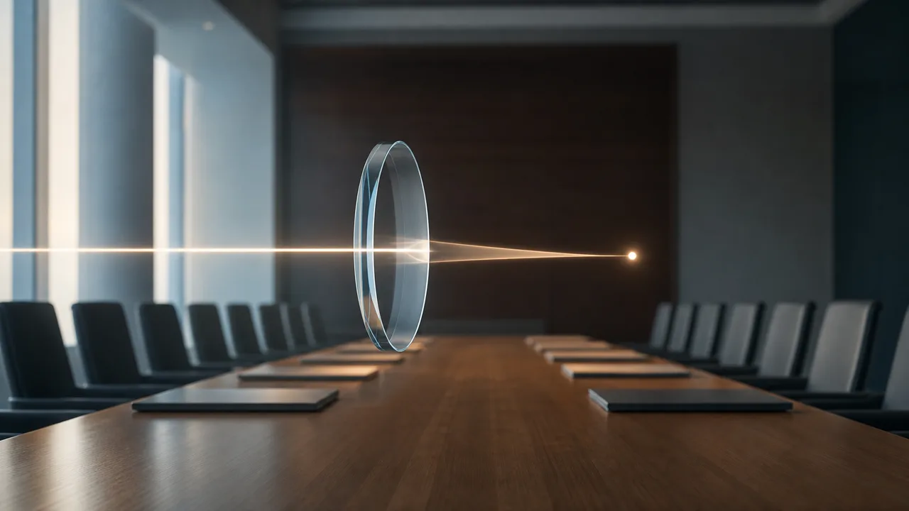 AI-generated image: in an empty international conference room, a round glass lens floats above a long wooden table and light passing through it gathers to one point. Not a real place or real equipment