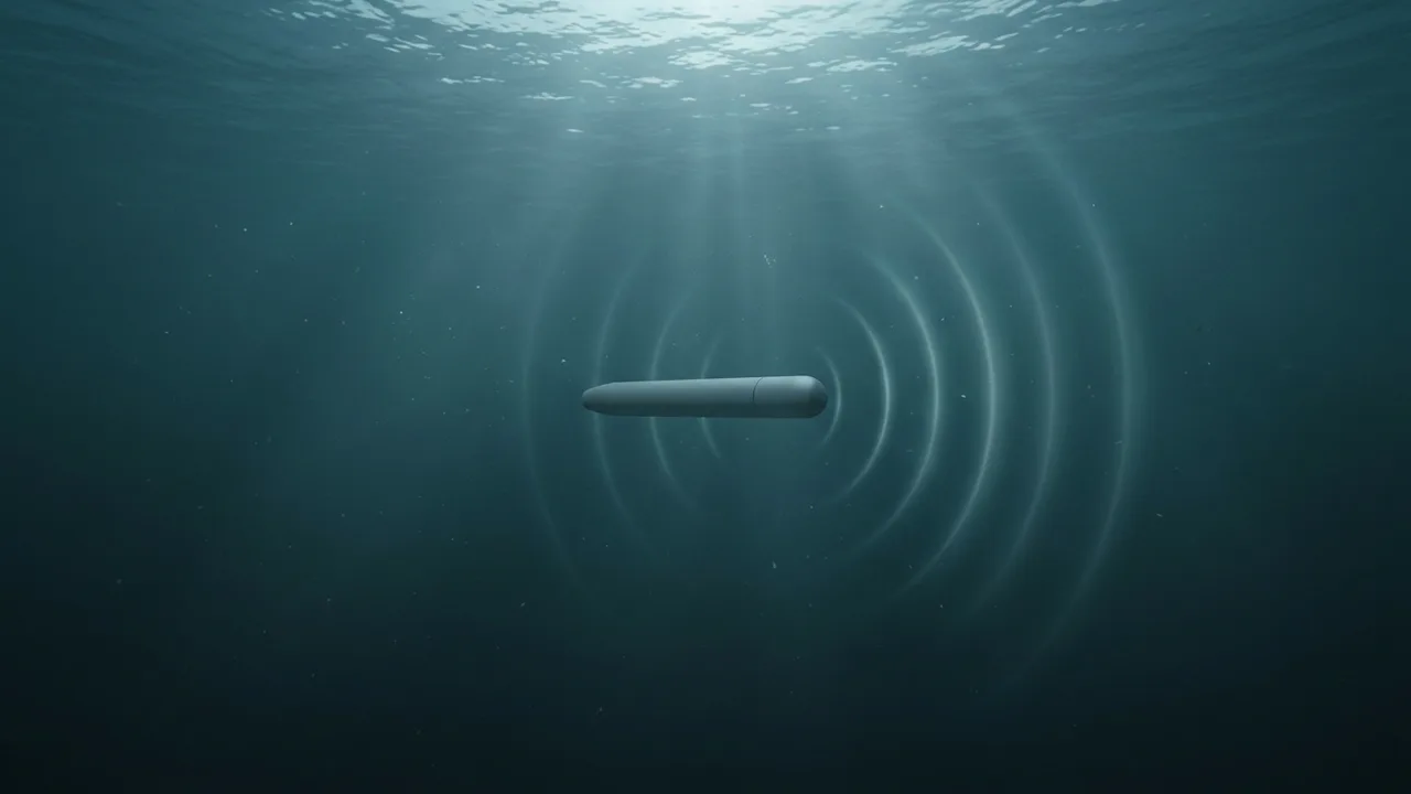 AI-generated image: A slim grey cylinder gliding sideways through sunlit blue water, with faint rings spreading around it.. Not real equipment