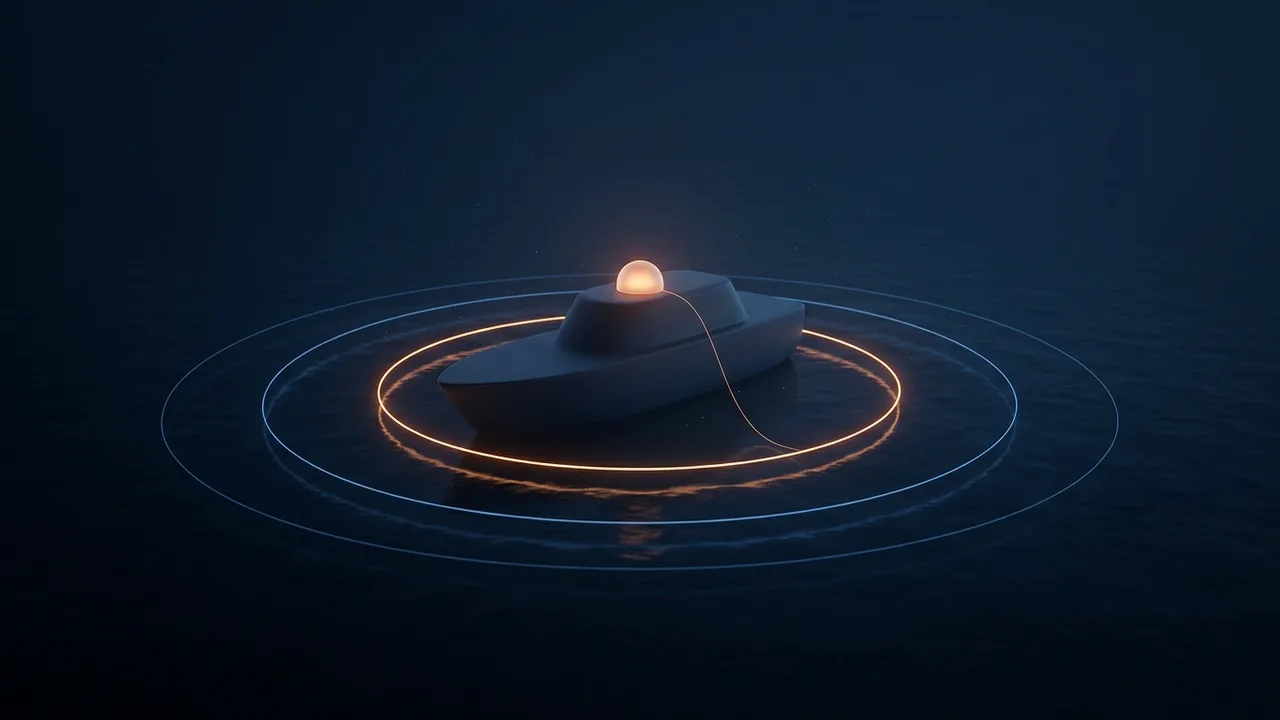 AI-generated image: A simple ship shape floats on a night sea inside three rings of light; the innermost orange ring hugs the hull and links to a small dome on deck. Not real equipment
