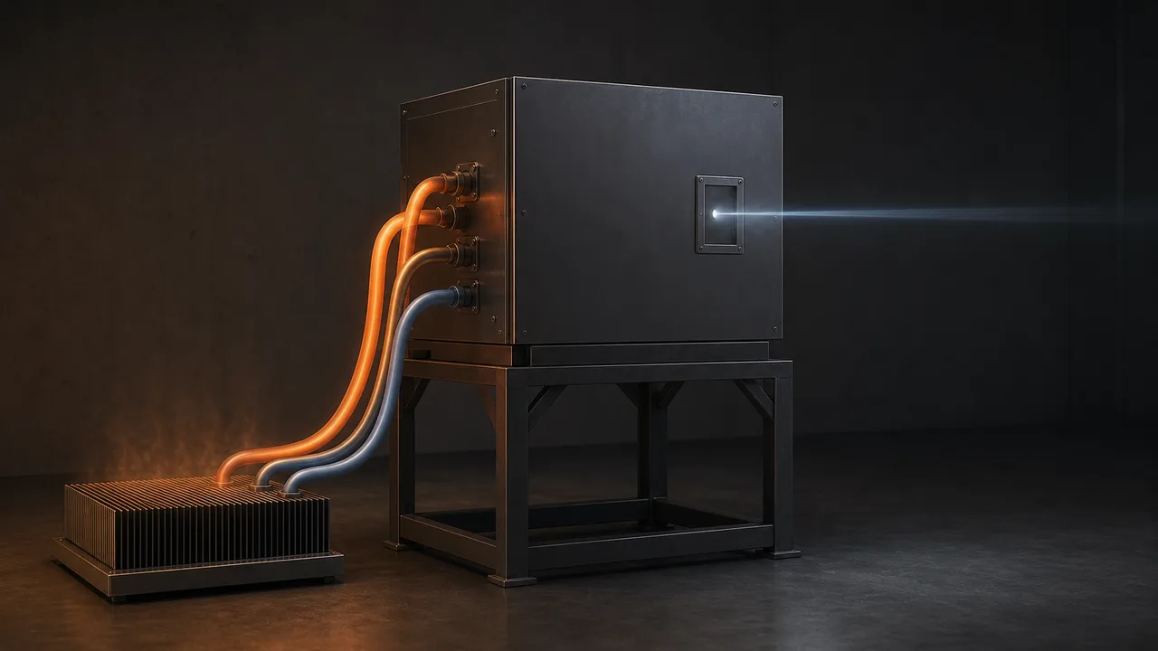 AI-generated image: in a dark room, a thin white beam leaves a small window in a metal enclosure on a stand, while orange-glowing pipes and bluish pipes run from its back to a finned cooling unit on the floor, where heat shimmers upward. Not real equipment