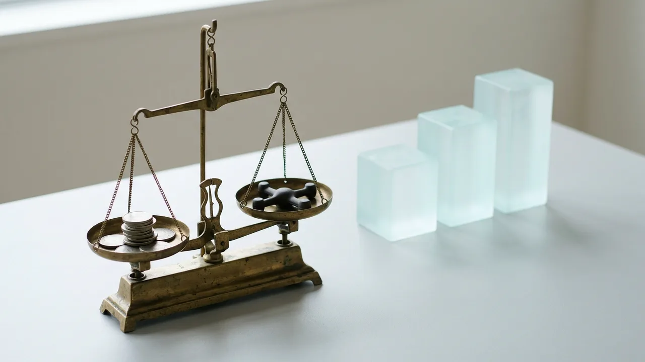 AI 생성 이미지: 밝은 탁자 위 놋쇠 저울 한쪽에 동전 더미, 다른 쪽에 작은 드론 모양 장난감이 있고 뒤에 높이가 다른 유리 블록 세 개가 서 있는 장면. 실제 장비가 아니다