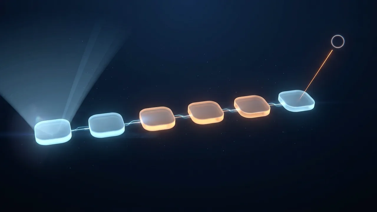AI 생성 이미지: 빛나는 둥근 타일 여섯 개가 빛줄로 이어진 사슬. 왼쪽 끝은 푸른 탐색 빛, 오른쪽 끝은 하늘의 빈 원을 가리키는 가는 주황 선이다. 실제 장비가 아니다