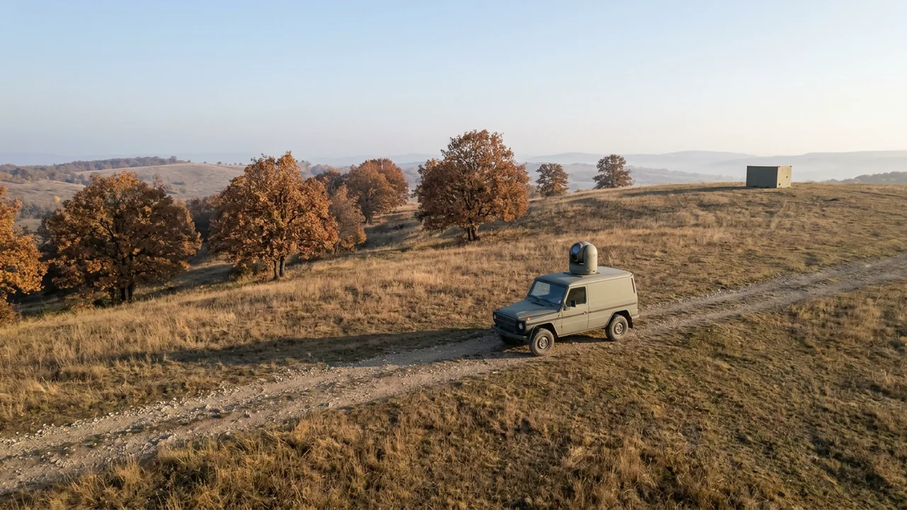 AI-generated image: On a hillside training track on an autumn morning, a plain wheeled vehicle with a round optical turret on its roof faces the sky, with one box-shaped unit on a distant ridge. Not real equipment