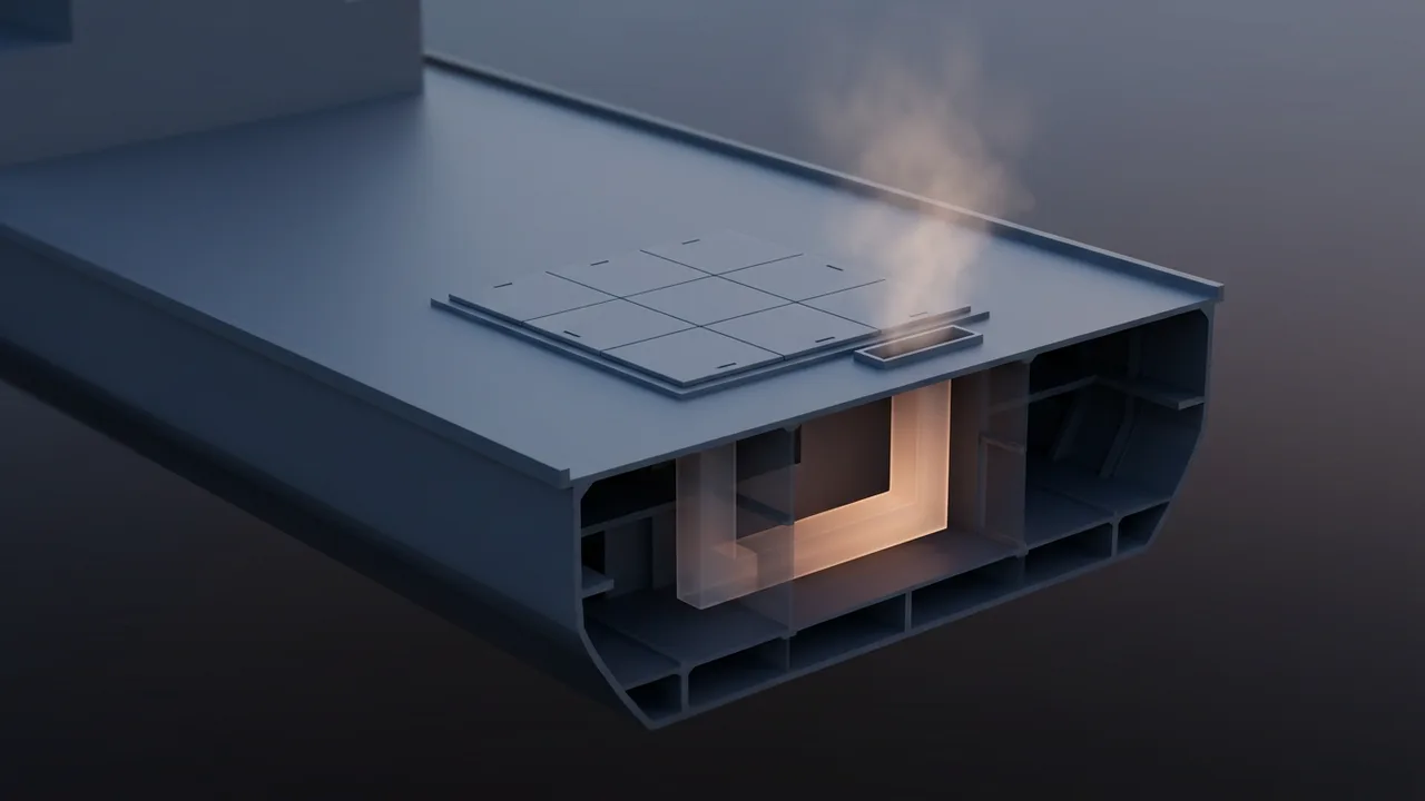 AI-generated image: A cutaway of a ship deck at dusk: a grid of closed hatches sits in the deck, and an L-shaped duct below leads to a narrow vent beside it where warm vapor drifts upward. Not real equipment