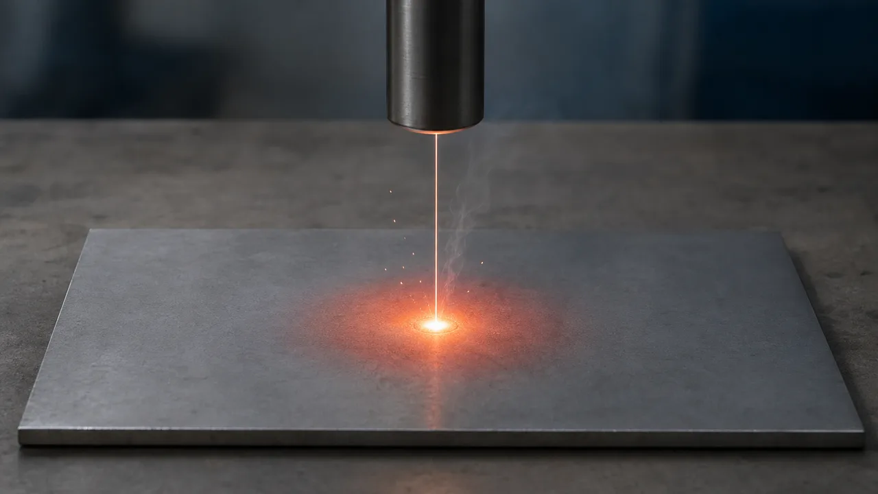 AI-generated image: a thin beam from a cylindrical nozzle meets one point on a gray metal plate, which glows white-hot while red heat spreads around it and small sparks and a wisp of vapor rise. Not real equipment