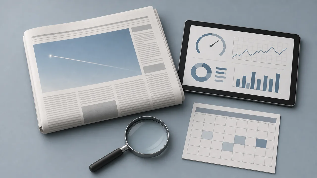 AI-generated image: a newspaper with a photo of a beam, a tablet showing charts, a calendar and a magnifying glass on a desk. No text