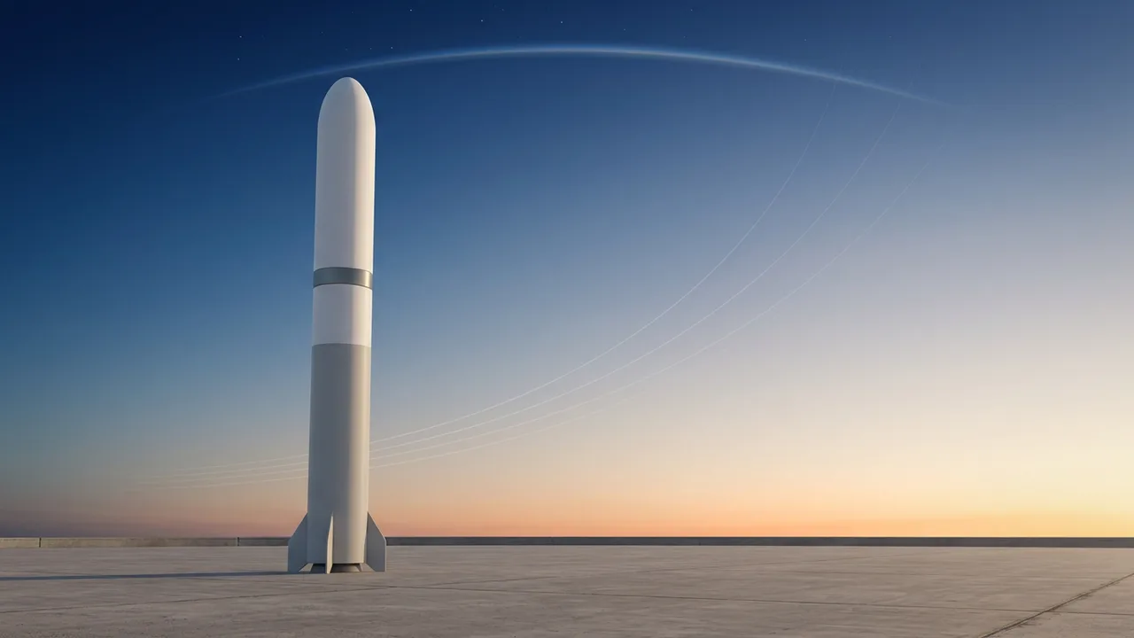 AI-generated image: A plain white multistage rocket stands on a concrete pad at dawn, with the thin curve of the atmosphere and faint flight-path lines in the sky. Not real equipment
