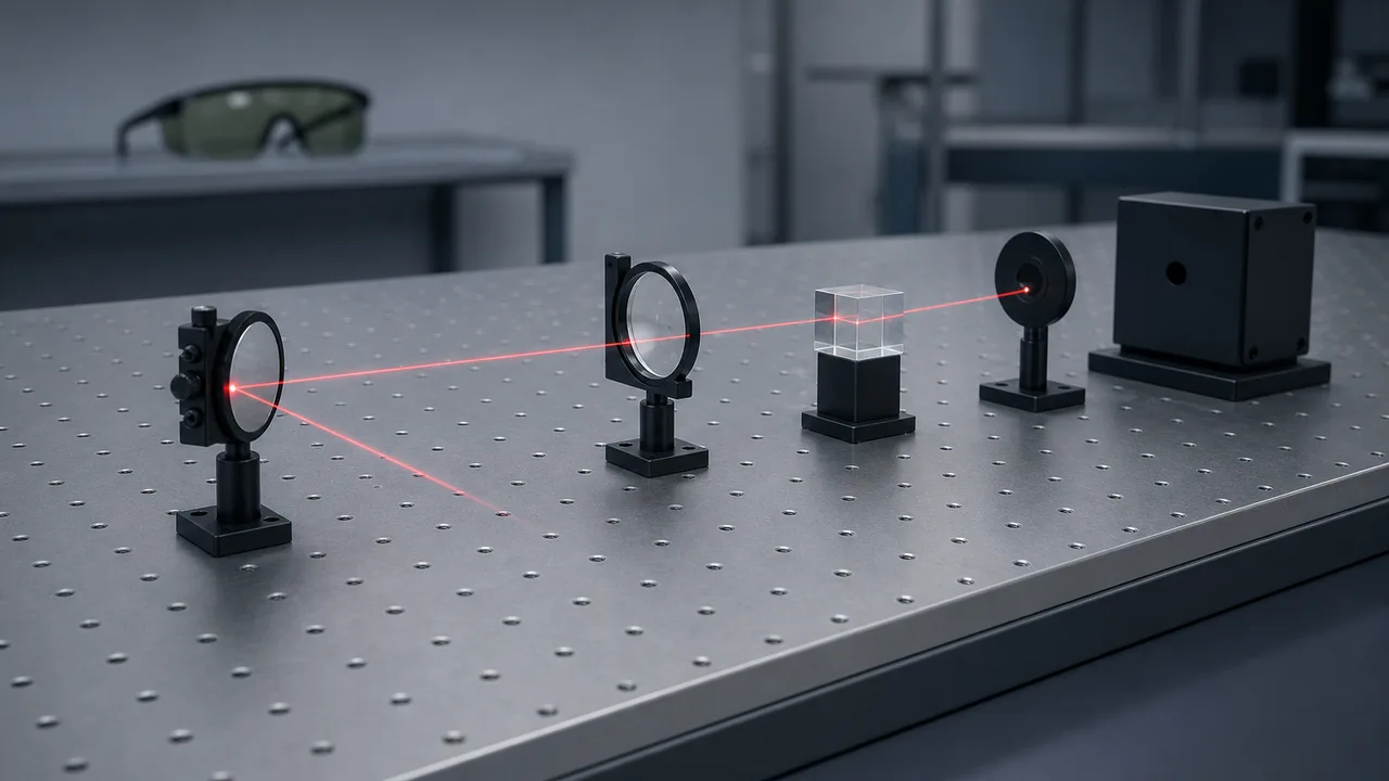 AI-generated image: on a gray optical table with an even grid of holes, mirrors and a lens in holders, a glass cube, a round sensor and a black box-shaped beam stop stand in a row while a thin red beam passes between them, with safety glasses on a shelf behind. Not real equipment