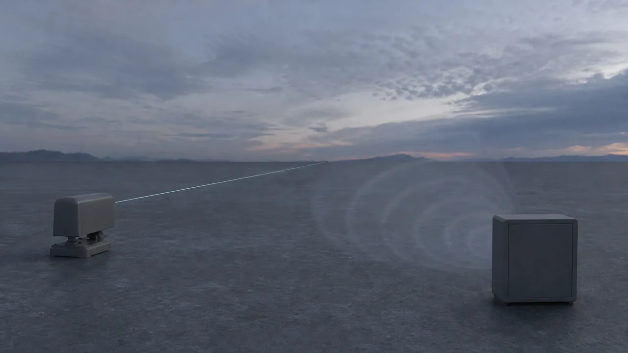 AI-generated image: on an empty test field on an overcast evening, a small gray device on the left sends one thin line of light into the distance, while faint ripples spread wide in front of a gray box on the right. Not real equipment