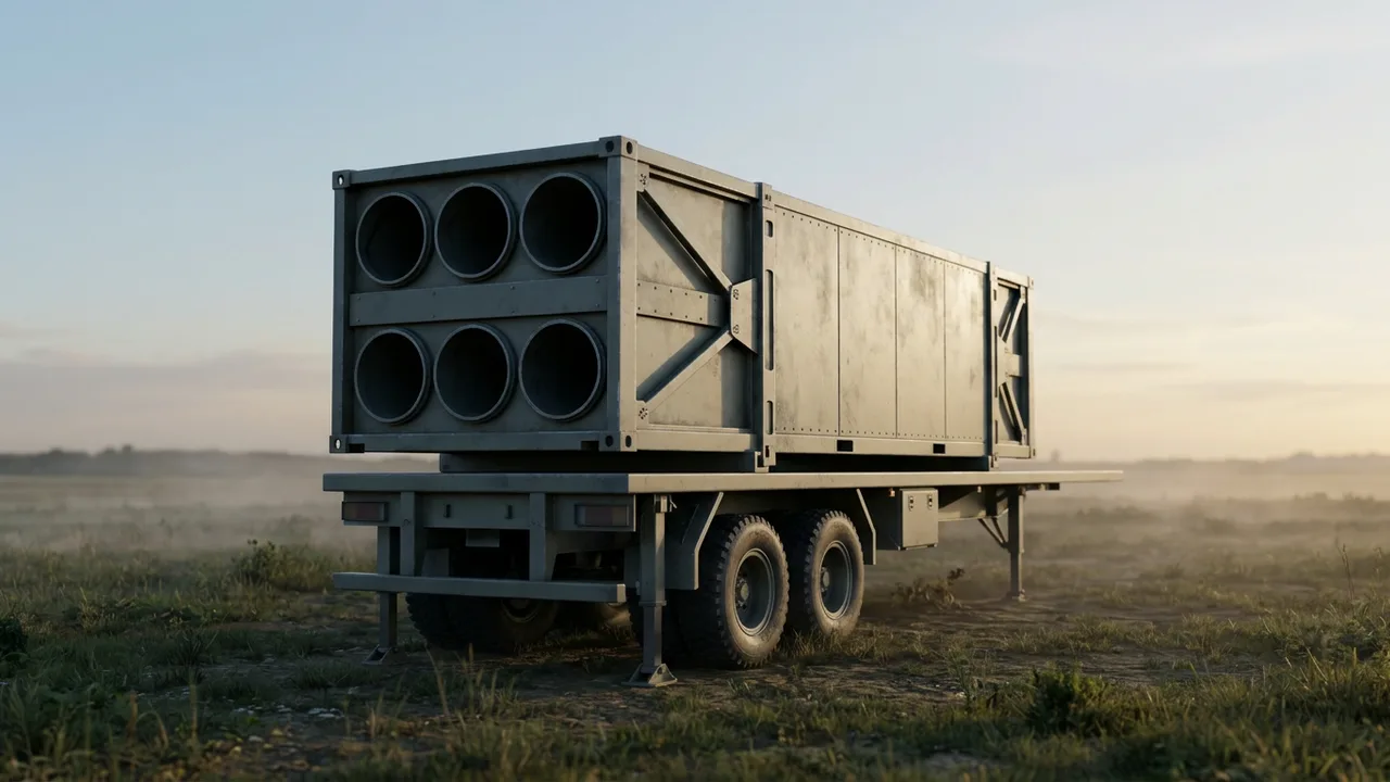 AI-generated image: A box-shaped launch container on a trailer in an open field at dawn, its face showing two rows of three empty round tube openings.. Not real equipment