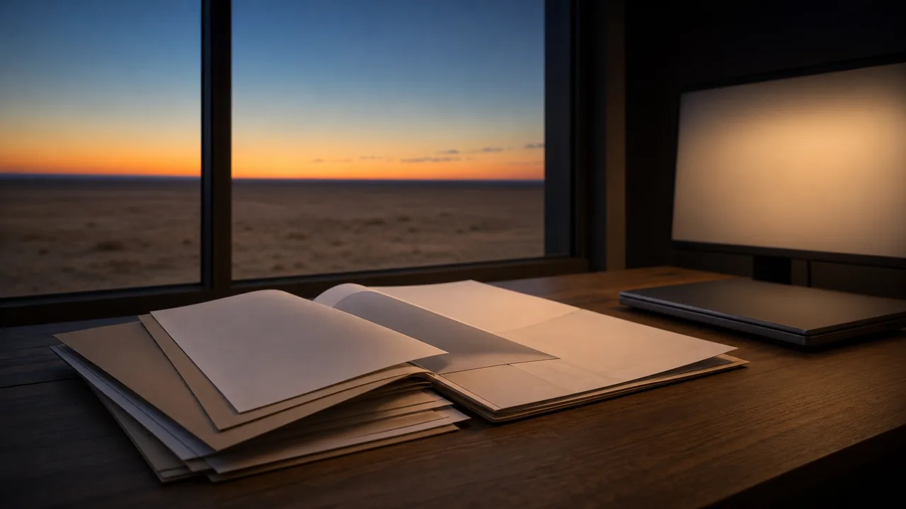 AI-generated image: at dusk, open report folders and a laptop lie on a wooden desk by a window, with an empty flat field outside. Not a real place