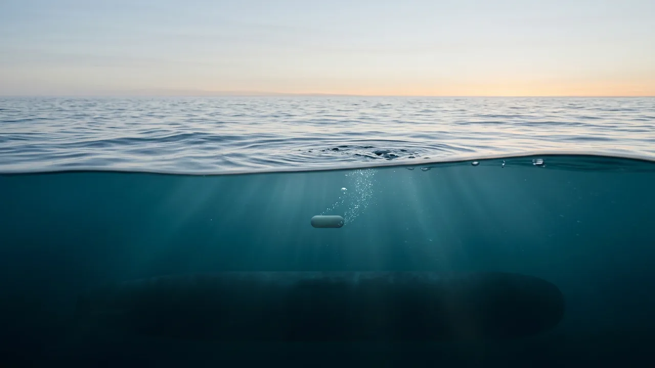 AI-generated image: A dawn ocean seen half above and half below the surface: a plain dark cylindrical shape lies deep underwater while a small capsule shape rises toward the surface trailing bubbles. Not real equipment