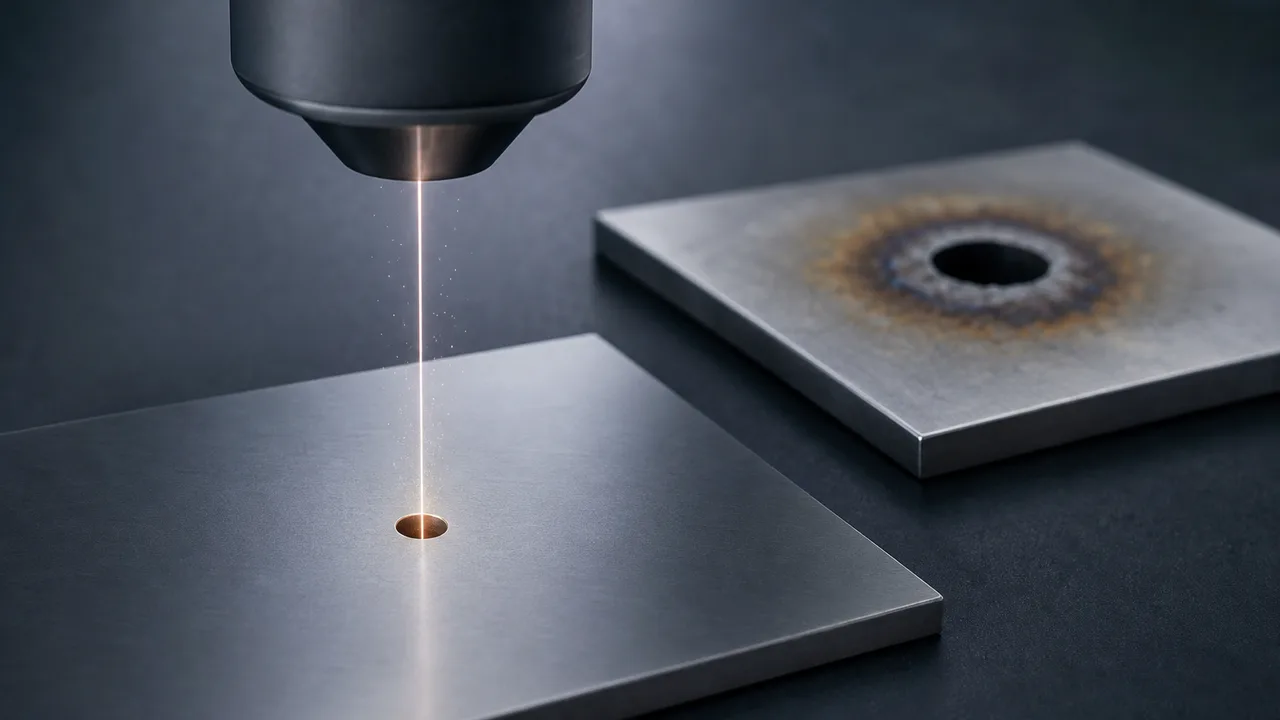 AI-generated image: a thin beam makes a small clean-edged hole in the front metal plate, while a plate behind it shows a rough hole ringed by a wide discolored band, for comparison. Not real equipment