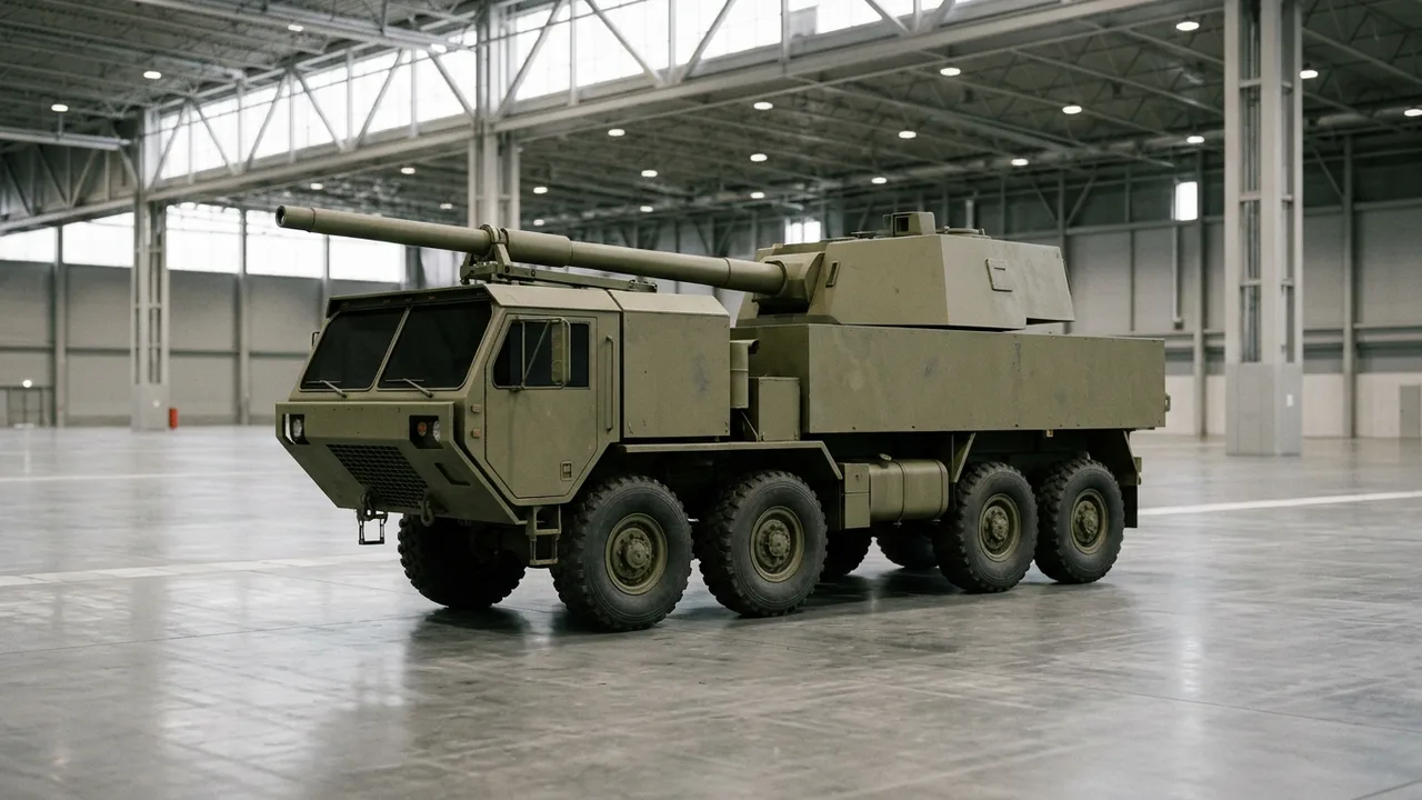 AI-generated image: A plain olive eight-wheeled truck stands on the floor of a bright indoor exhibition hall, with the long barrel of its rear turret lowered and pointing forward. Not real equipment