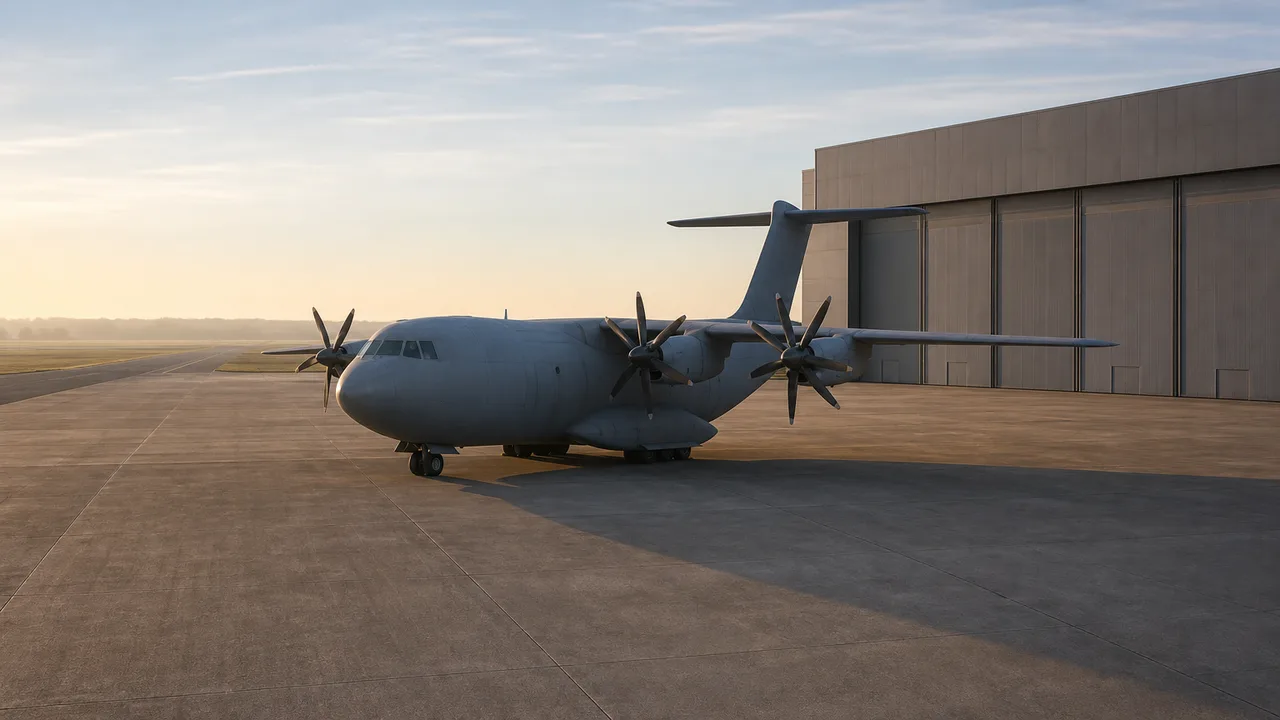 AI-generated image: an unmarked propeller transport aircraft on an empty apron in front of a factory hangar