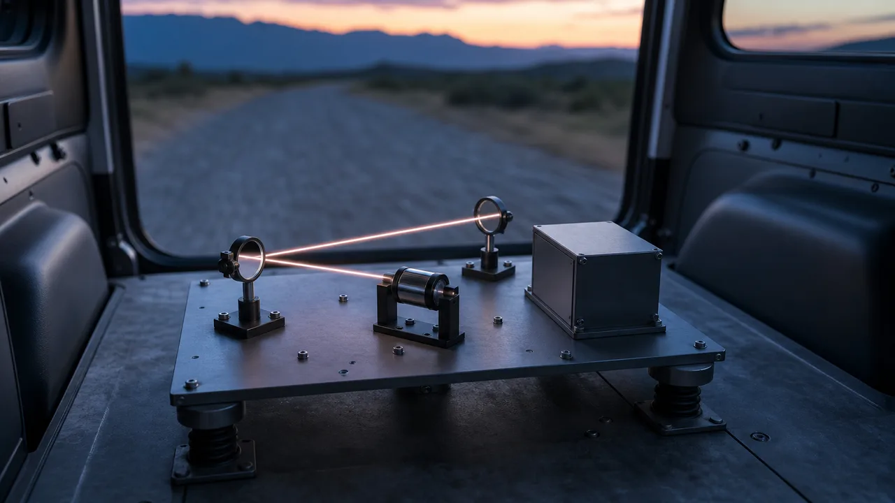 AI-generated image: at dusk, in the cargo area of a van with its rear doors open, a metal plate rests on spring mounts, a thin beam runs between small mirror mounts and a cylindrical part on it, and a gravel road and distant hills are seen outside. Not real equipment