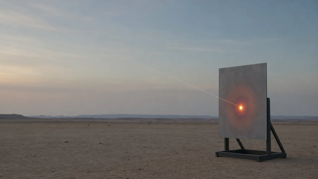 AI-generated image: a beam reaches one spot on a metal plate standing in an empty field, and heat spreads from that spot in rings. Not real equipment